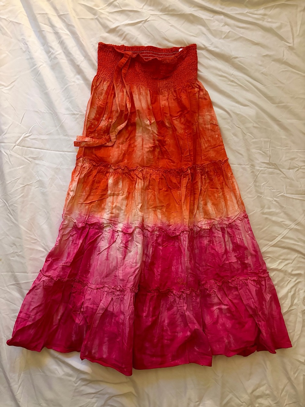 Guess Tiered Tie-Dye Maxi Skirt in Orange and Pink